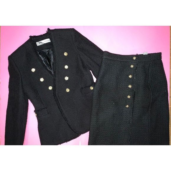 NWT Zara Tweed SET S Blazer Jacket+H&M SKIRT BLACK gold buttons